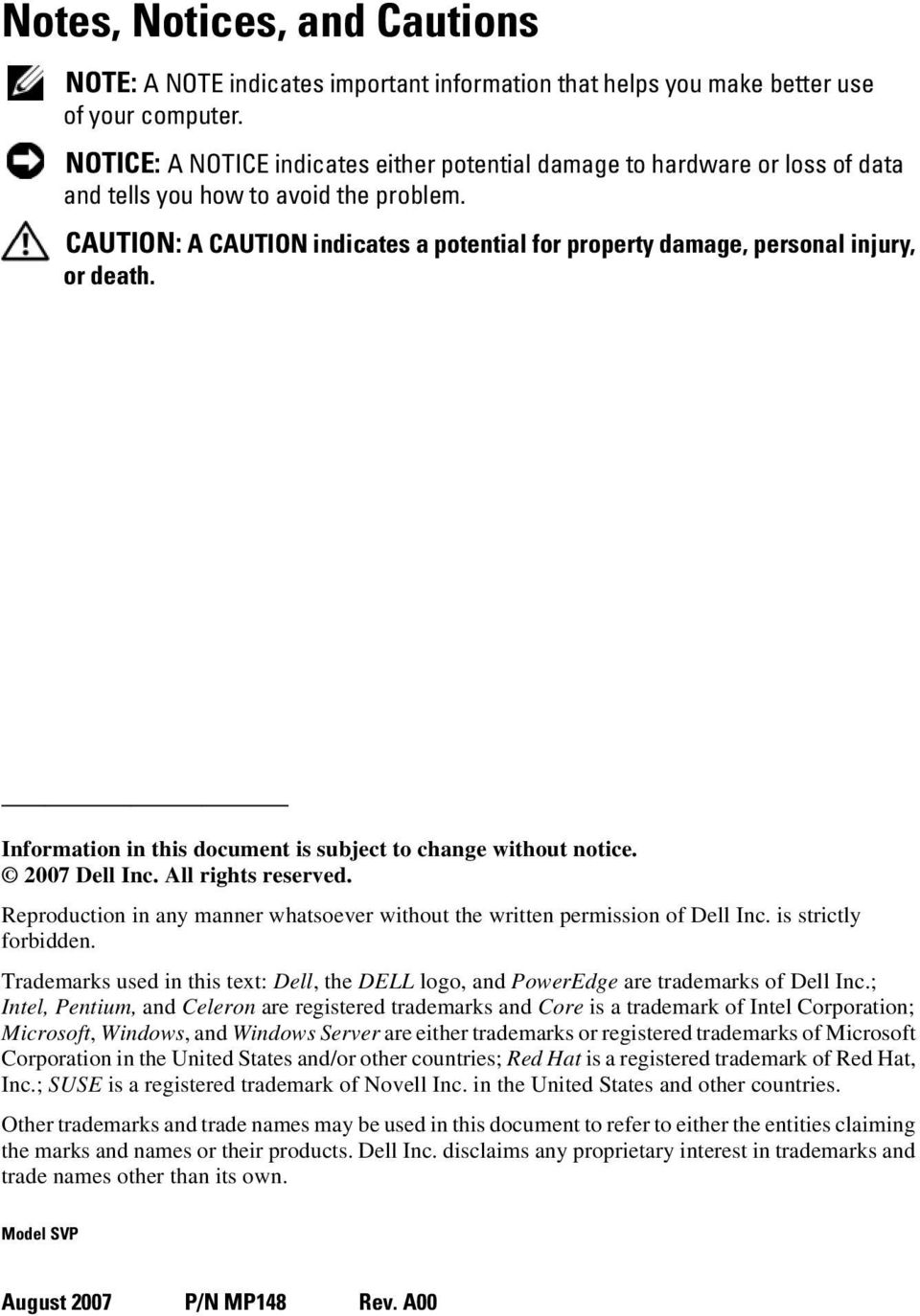CAUTION: A CAUTION indicates a potential for property damage, personal injury, or death. Information in this document is subject to change without notice. 2007 Dell Inc. All rights reserved.