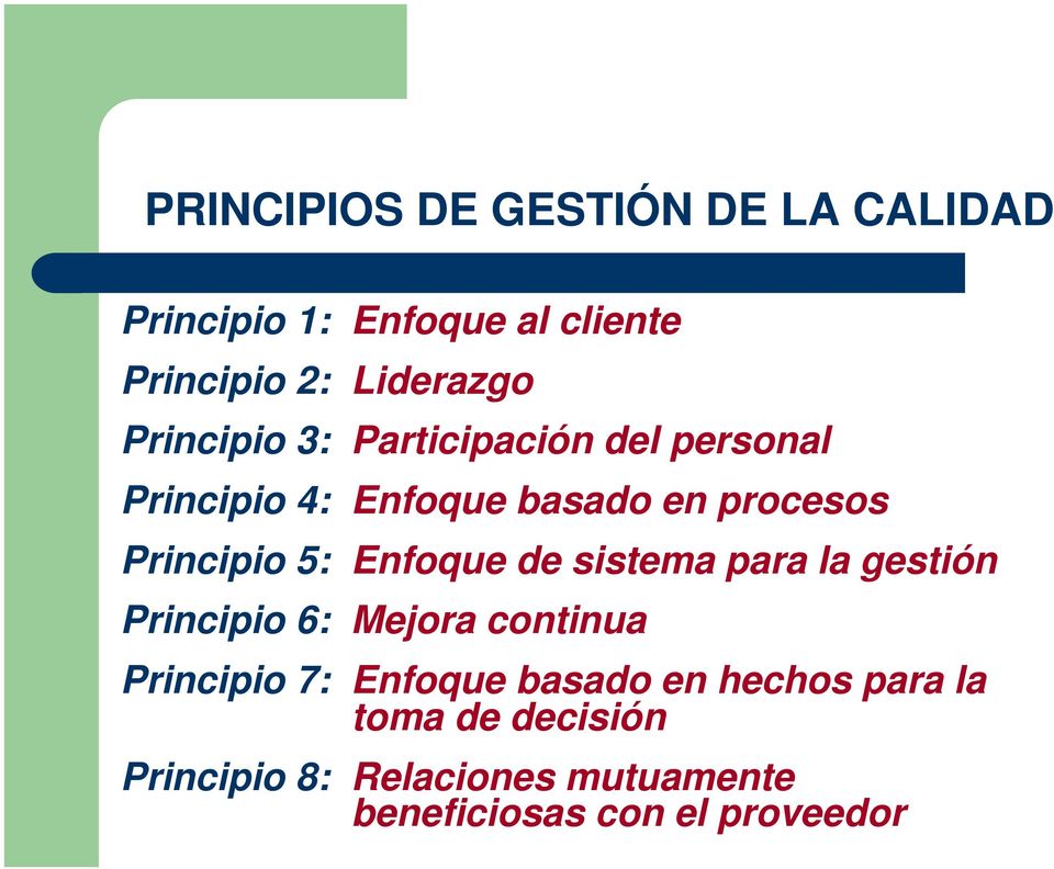 Enfoque de sistema para la gestión Principio 6: Mejora continua Principio 7: Enfoque basado