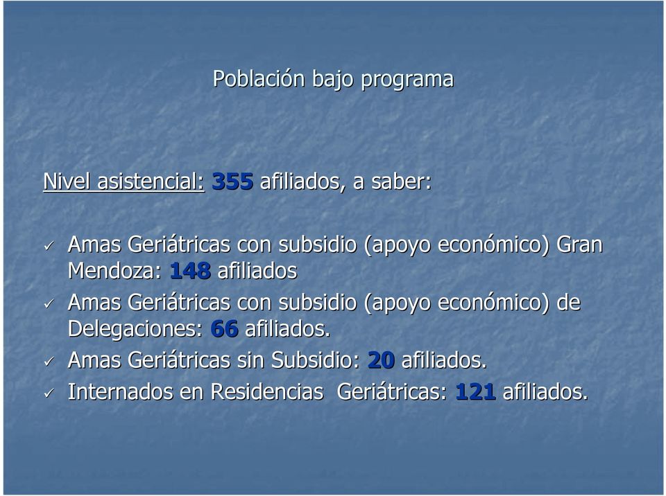 Geriátricas con subsidio (apoyo económico) de Delegaciones: 66 afiliados.