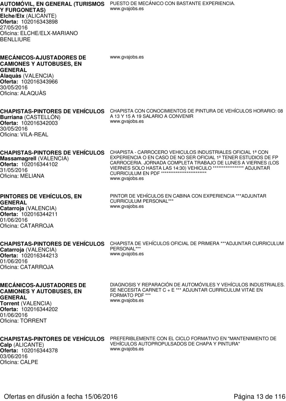 30/05/2016 Oficina: VILA-REAL CHAPISTA CON CONOCIMIENTOS DE PINTURA DE VEHÍCULOS HORARIO: 08 A 13 Y 15 A 19 SALARIO A CONVENIR CHAPISTAS-PINTORES DE VEHÍCULOS Massamagrell (VALENCIA) Oferta: