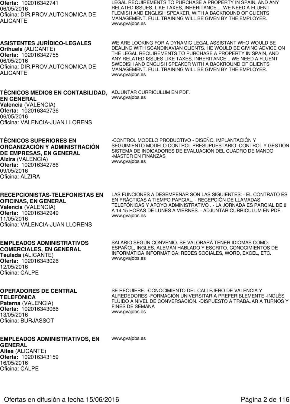 ASISTENTES JURÍDICO-LEGALES Orihuela (ALICANTE) Oferta: 102016342755 06/05/2016 Oficina: DIR.PROV.