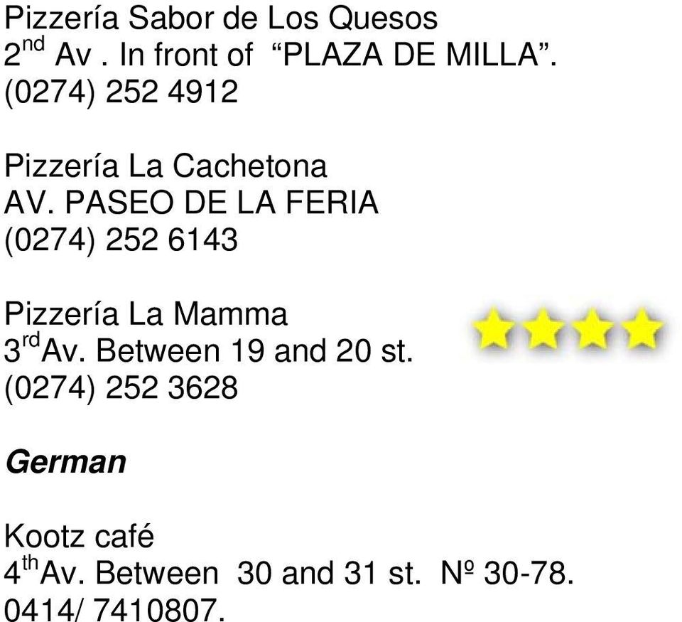 PASEO DE LA FERIA (0274) 252 6143 Pizzería La Mamma 3 rd Av.
