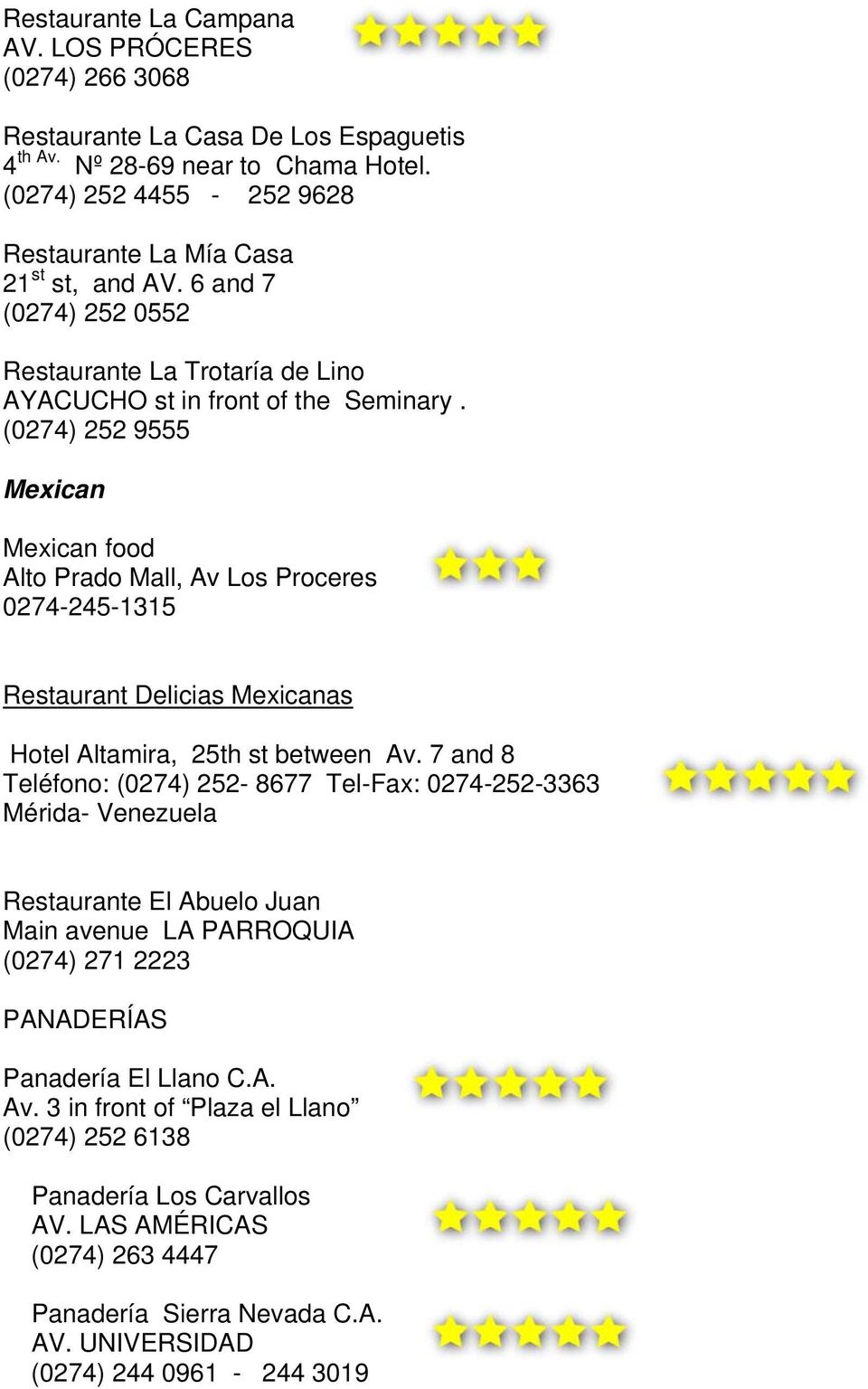 (0274) 252 9555 Mexican Mexican food Alto Prado Mall, Av Los Proceres 0274-245-1315 Restaurant Delicias Mexicanas Hotel Altamira, 25th st between Av.