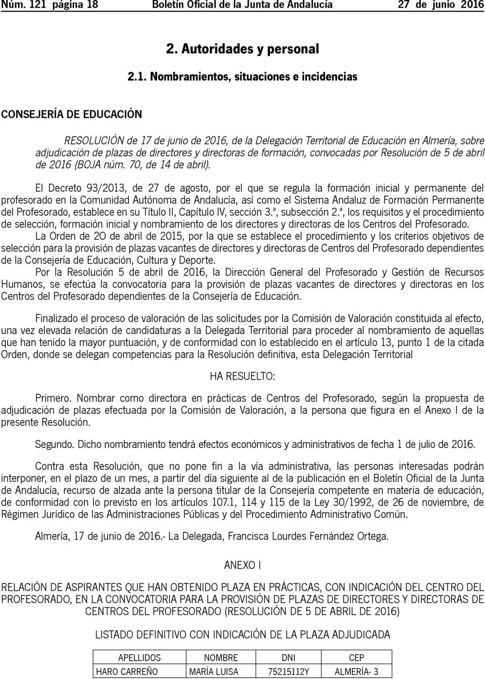 2016, de la Delegación Territorial de Educación en Almería, sobre adjudicación de plazas de directores y directoras de formación, convocadas por Resolución de 5 de abril de 2016 (BOJA núm.