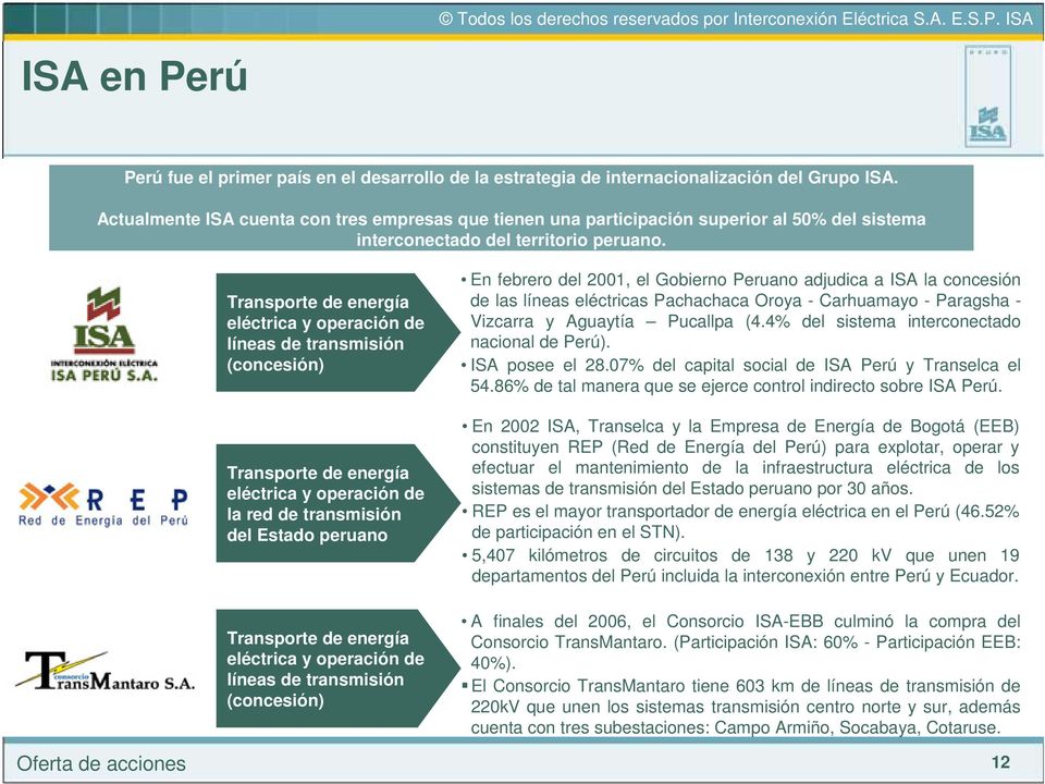 Transporte de energía eléctrica y operación de líneas de transmisión (concesión) Transporte de energía eléctrica y operación de la red de transmisión del Estado peruano Transporte de energía
