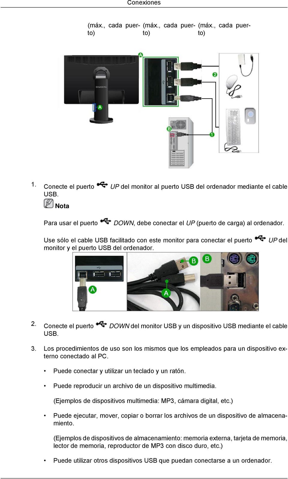 Conecte el puerto DOWN del monitor USB y un dispositivo USB mediante el cable USB. 3. Los procedimientos de uso son los mismos que los empleados para un dispositivo externo conectado al PC.