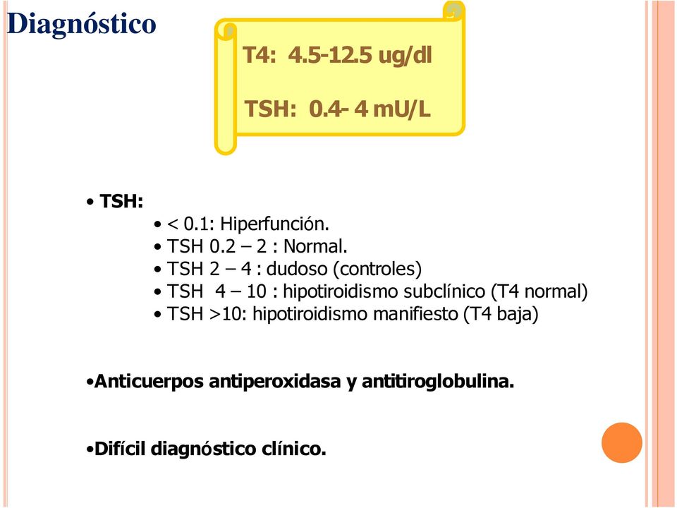 TSH 2 4 : dudoso (controles) TSH 4 10 : hipotiroidismo subclínico (T4