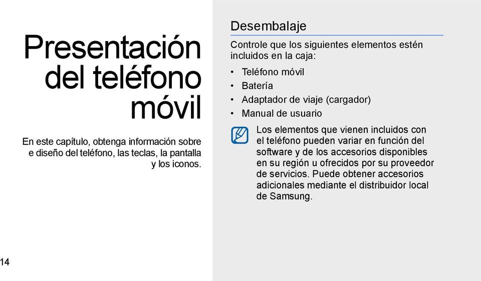 Manual de usuario Los elementos que vienen incluidos con el teléfono pueden variar en función del software y de los accesorios