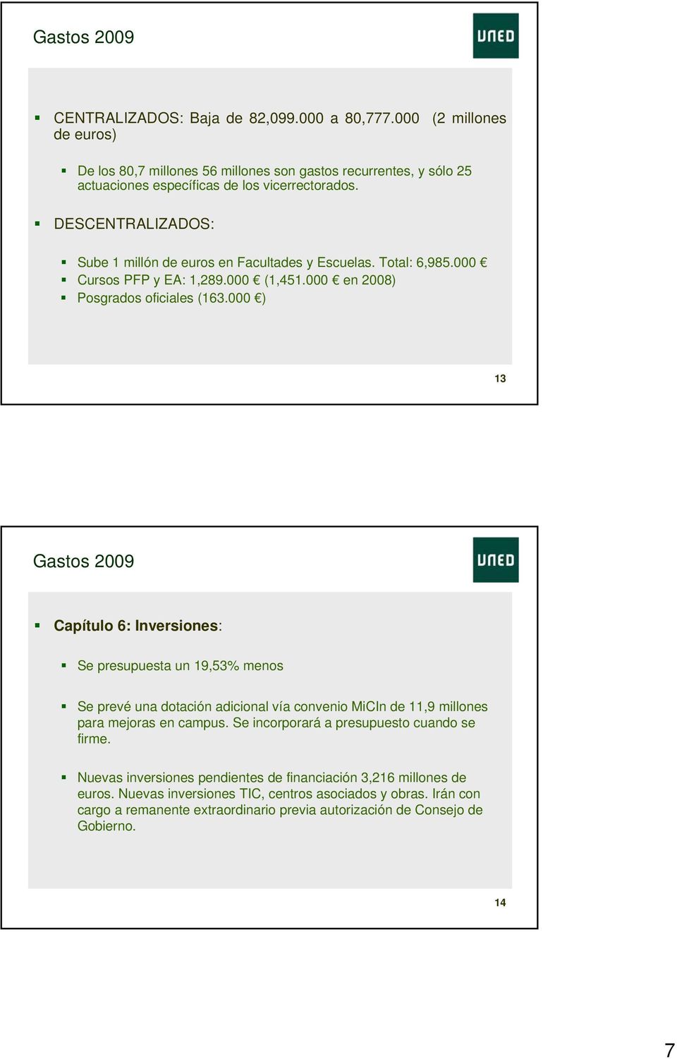 000 ) 13 Gastos 2009 Capítulo 6: Inversiones: Se presupuesta un 19,53% menos Se prevé una dotación adicional vía convenio MiCIn de 11,9 millones para mejoras en campus.
