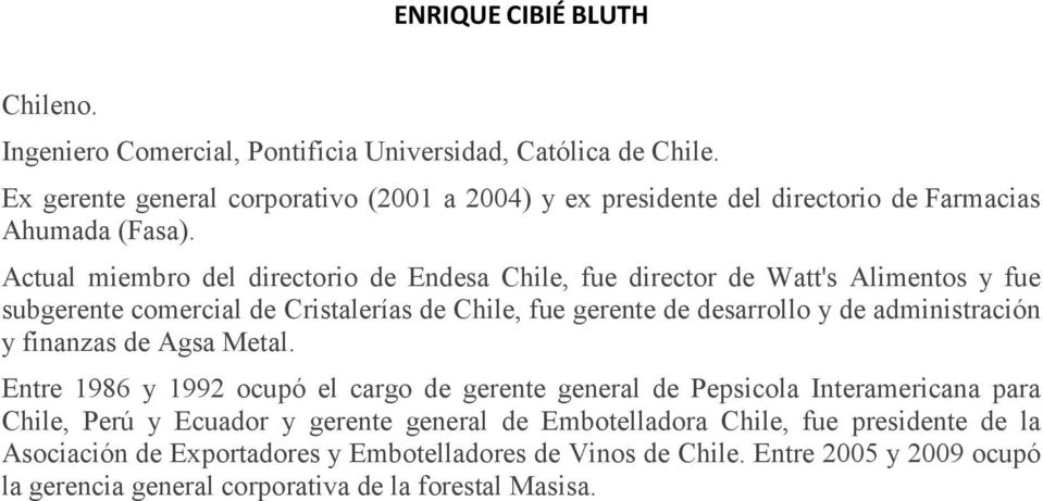 Actual miembro del directorio de Endesa Chile, fue director de Watt's Alimentos y fue subgerente comercial de Cristalerías de Chile, fue gerente de desarrollo y de administración
