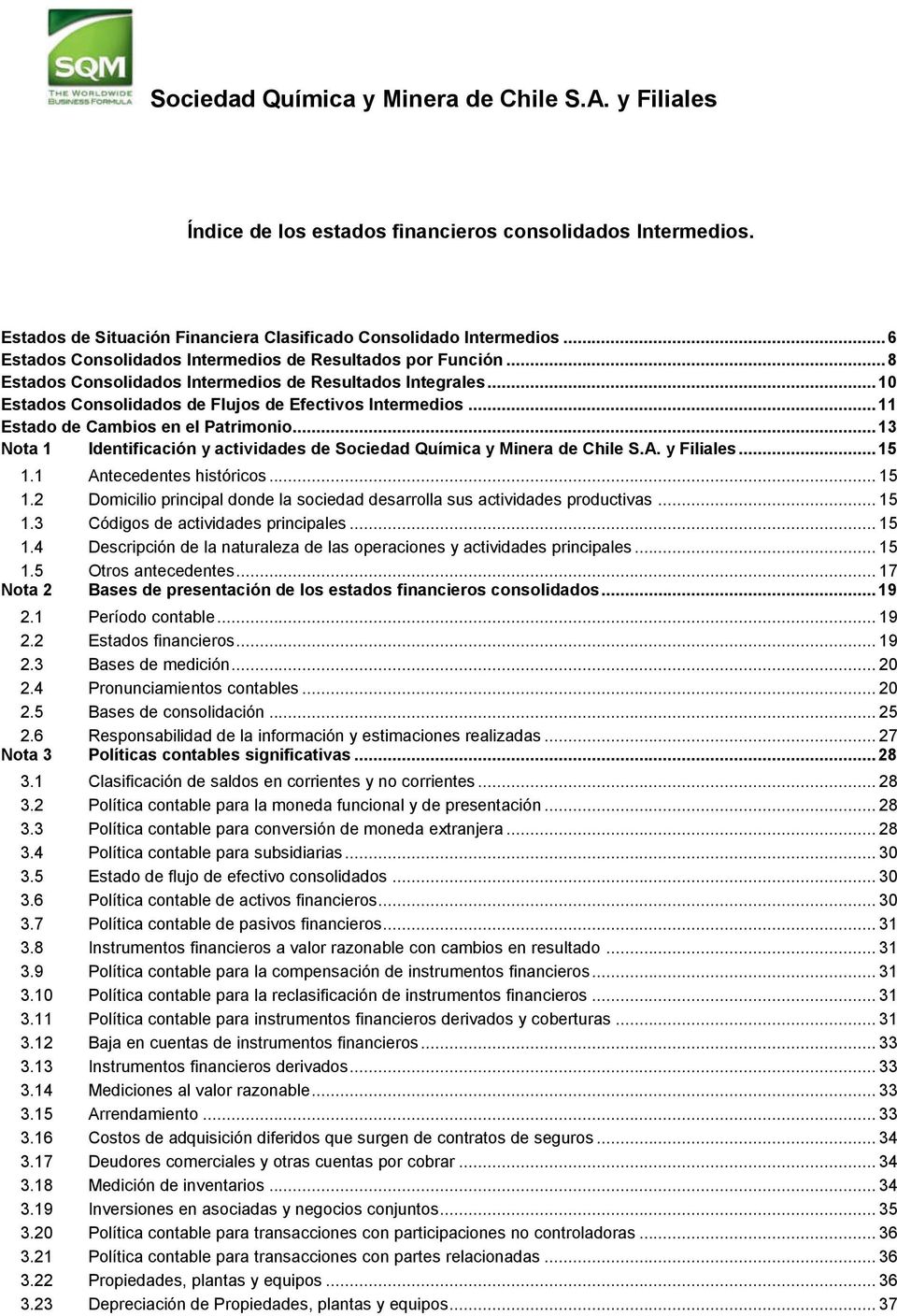 ..11 Estado de Cambios en el Patrimonio...13 Nota 1 Identificación y actividades de Sociedad Química y Minera de Chile S.A. y Filiales...15 1.1 Antecedentes históricos... 15 1.