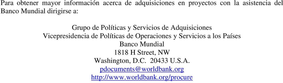 Vicepresidencia de Políticas de Operaciones y Servicios a los Países Banco Mundial 1818