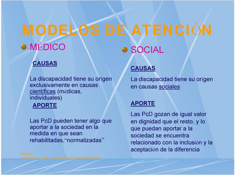 presentación de Agustina Palacios SOCIAL CAUSAS La discapacidad tiene su orígen en causas sociales APORTE Las PcD gozan de igual valor