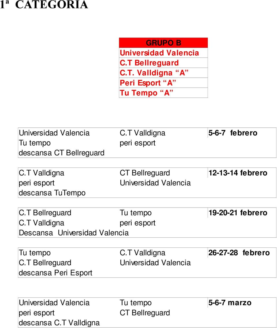 T Valldigna CT Bellreguard 12-13-14 febrero peri esport Universidad Valencia descansa TuTempo C.T Bellreguard Tu tempo 19-20-21 febrero C.