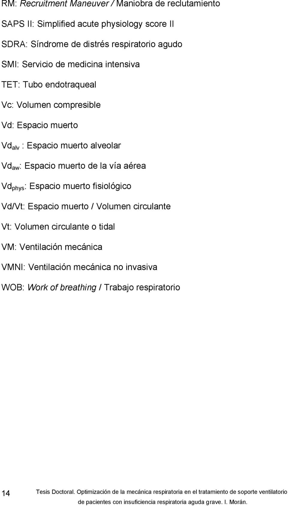 Espacio muerto alveolar Vd aw : Espacio muerto de la vía aérea Vd phys : Espacio muerto fisiológico Vd/Vt: Espacio muerto / Volumen