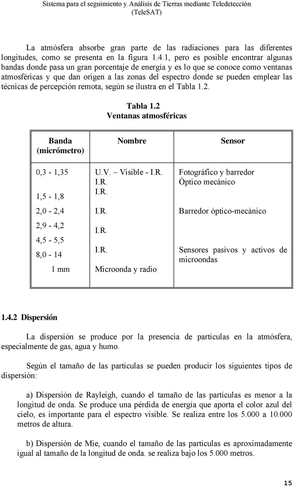 las técnicas de percepción remota, según se ilustra en el Tabla 1.2. Tabla 1.2 Ventanas atmosféricas Banda (micrómetro) 0,3-1,35 1,5-1,8 2,0-2,4 2,9-4,2 4,5-5,5 8,0-14 1 mm Nombre U.V. Visible - I.R.