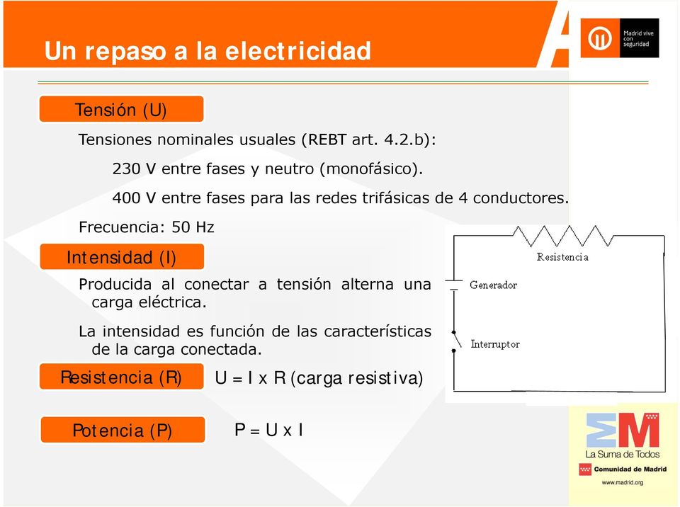 Frecuencia: 50 Hz Intensidad (I) Producida al conectar a tensión alterna una carga eléctrica.