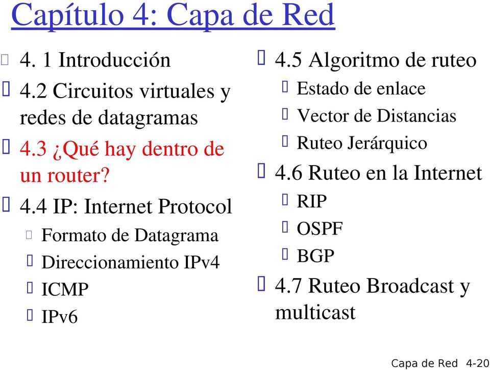 4 IP: Internet Protocol Formato de Datagrama Direccionamiento IPv4 ICMP IPv6 4.