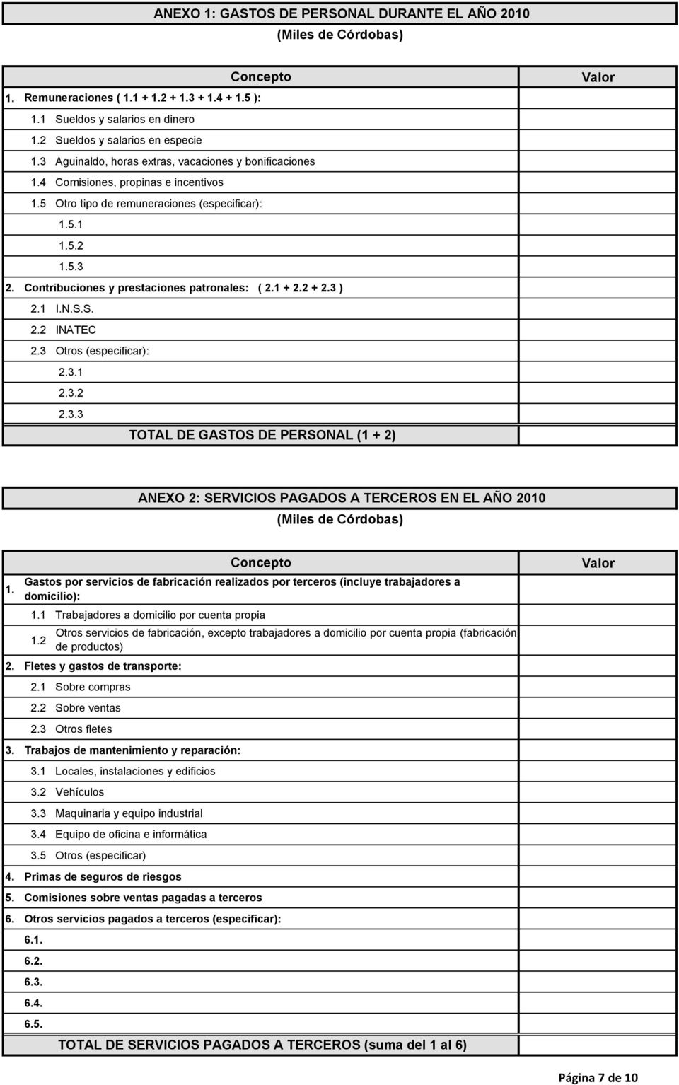 Contribuciones y prestaciones patronales: ( 2.1 + 2.2 + 2.3 ) 2.1 I.N.S.S. 2.2 INATEC 2.3 Otros (especificar): 2.3.1 2.3.2 2.3.3 TOTAL DE GASTOS DE PERSONAL (1 + 2) ANEXO 2: SERVICIOS PAGADOS A TERCEROS EN EL AÑO 2010 (Miles de Córdobas) Concepto 1.