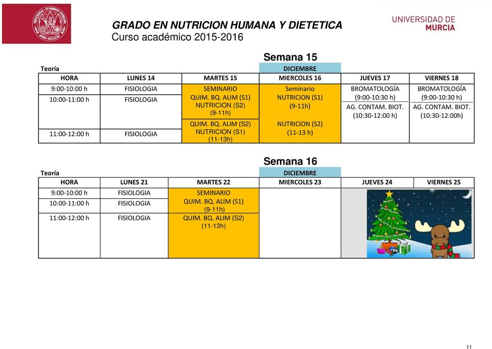 ALIM (S2) NUTRICION (S1) (11-13h) Seminario NUTRICION (S1) (9 11h) NUTRICION (S2) (11 13 h)