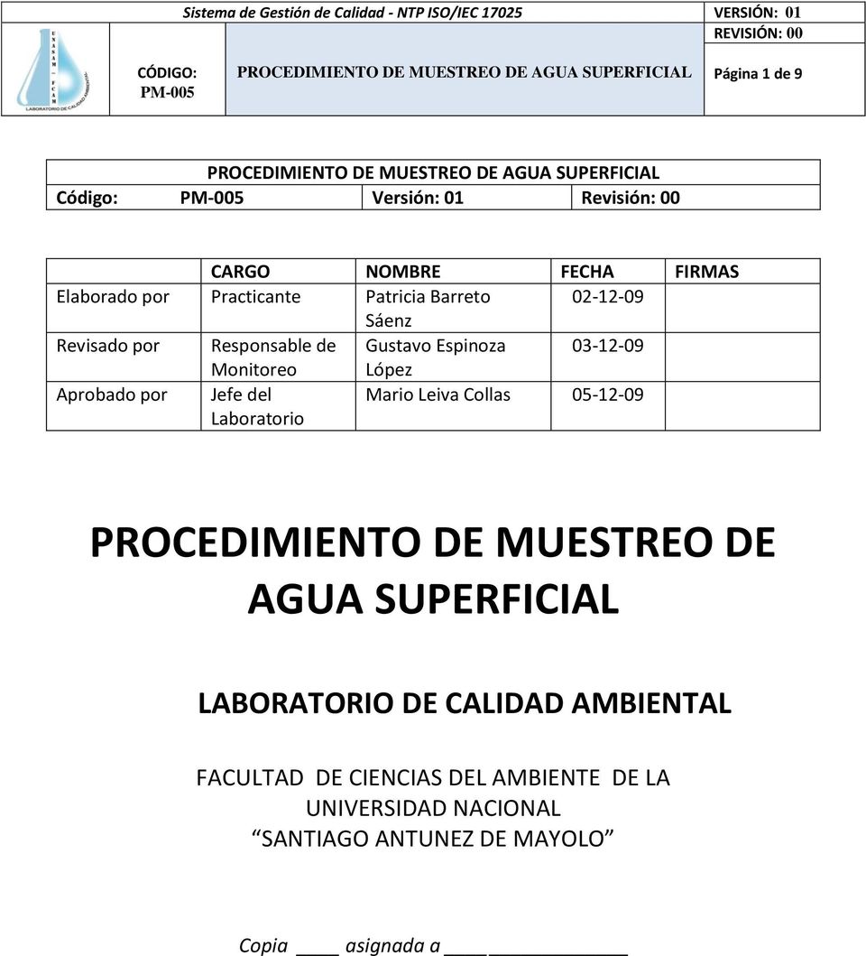 del Laboratorio Mario Leiva Collas 05-12-09 PROCEDIMIENTO DE MUESTREO DE AGUA SUPERFICIAL LABORATORIO DE