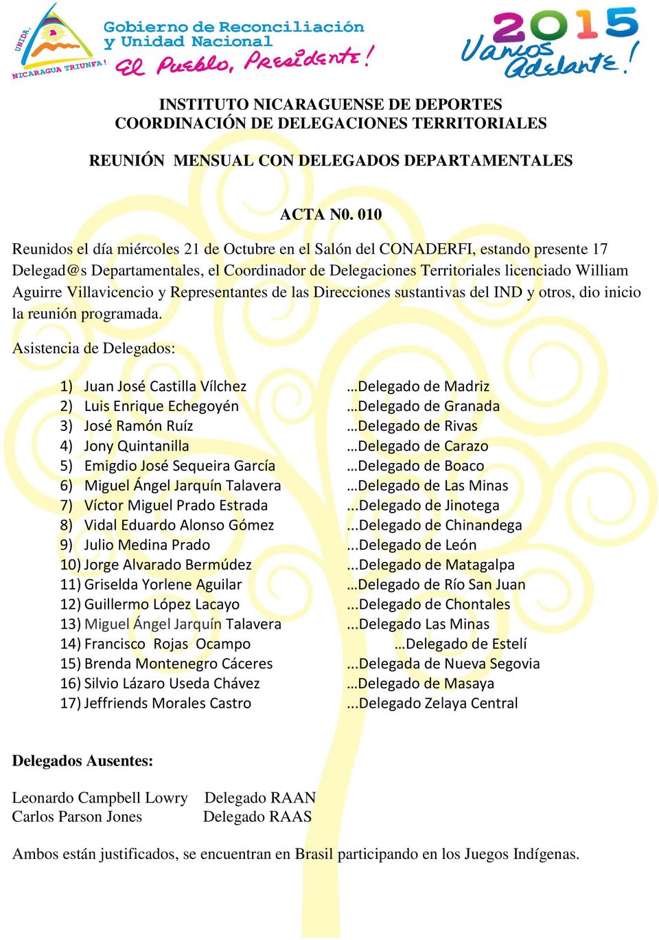 Villavicencio y Representantes de las Direcciones sustantivas del IND y otros, dio inicio la reunión programada.