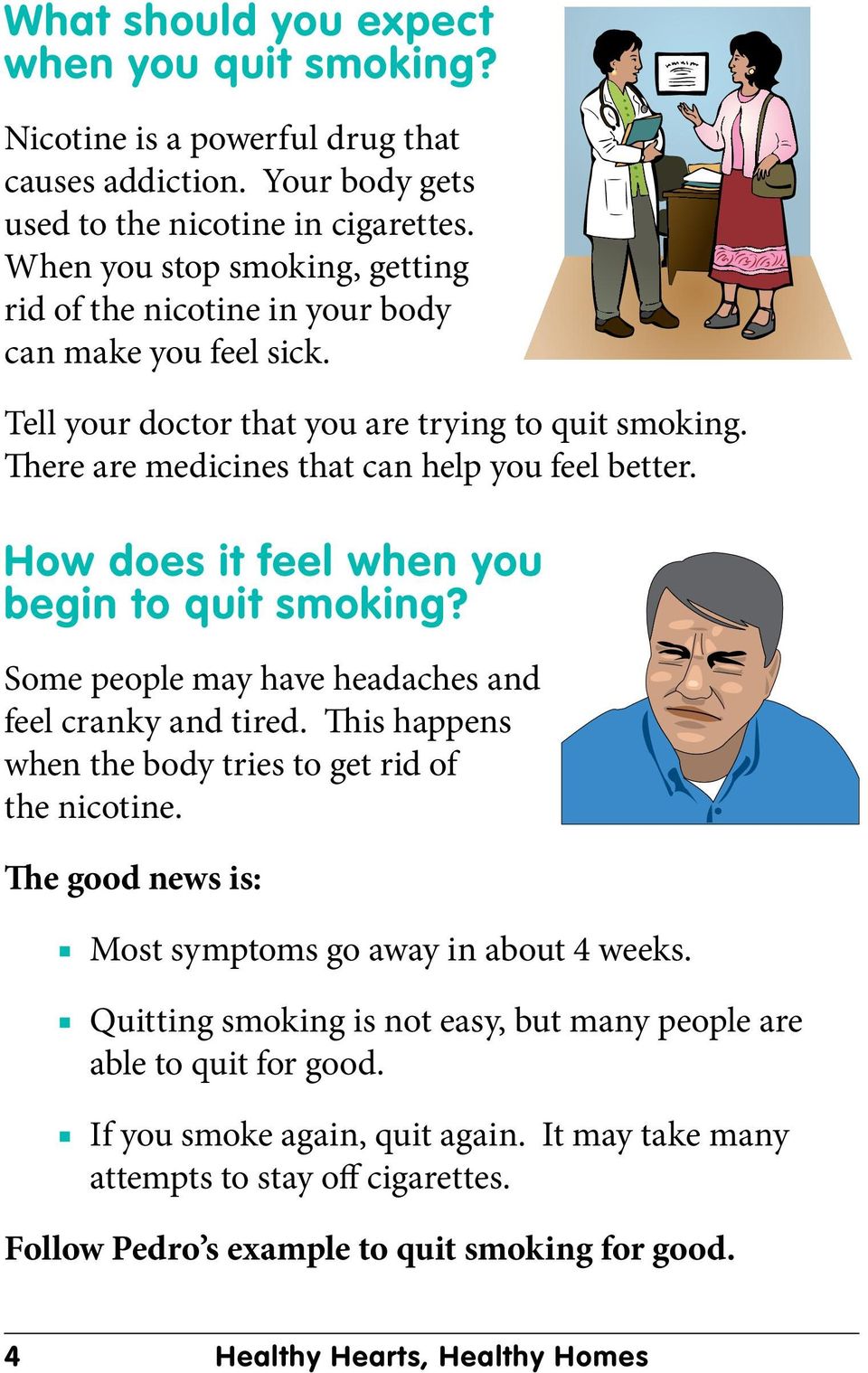 How does it feel when you begin to quit smoking? Some people may have headaches and feel cranky and tired. This happens when the body tries to get rid of the nicotine.