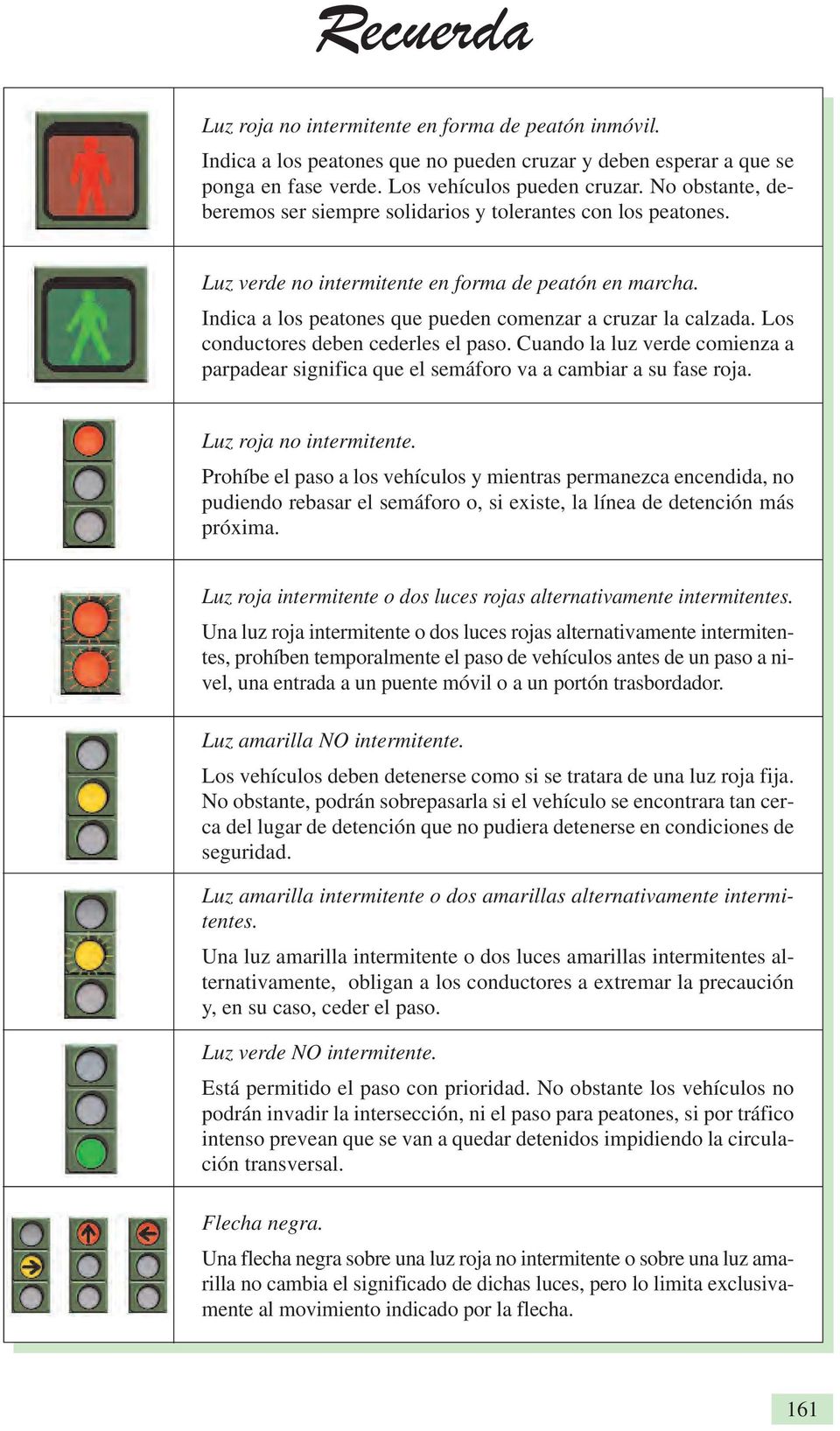 Los conductores deben cederles el paso. Cuando la luz verde comienza a parpadear significa que el semáforo va a cambiar a su fase roja. Luz roja no intermitente.