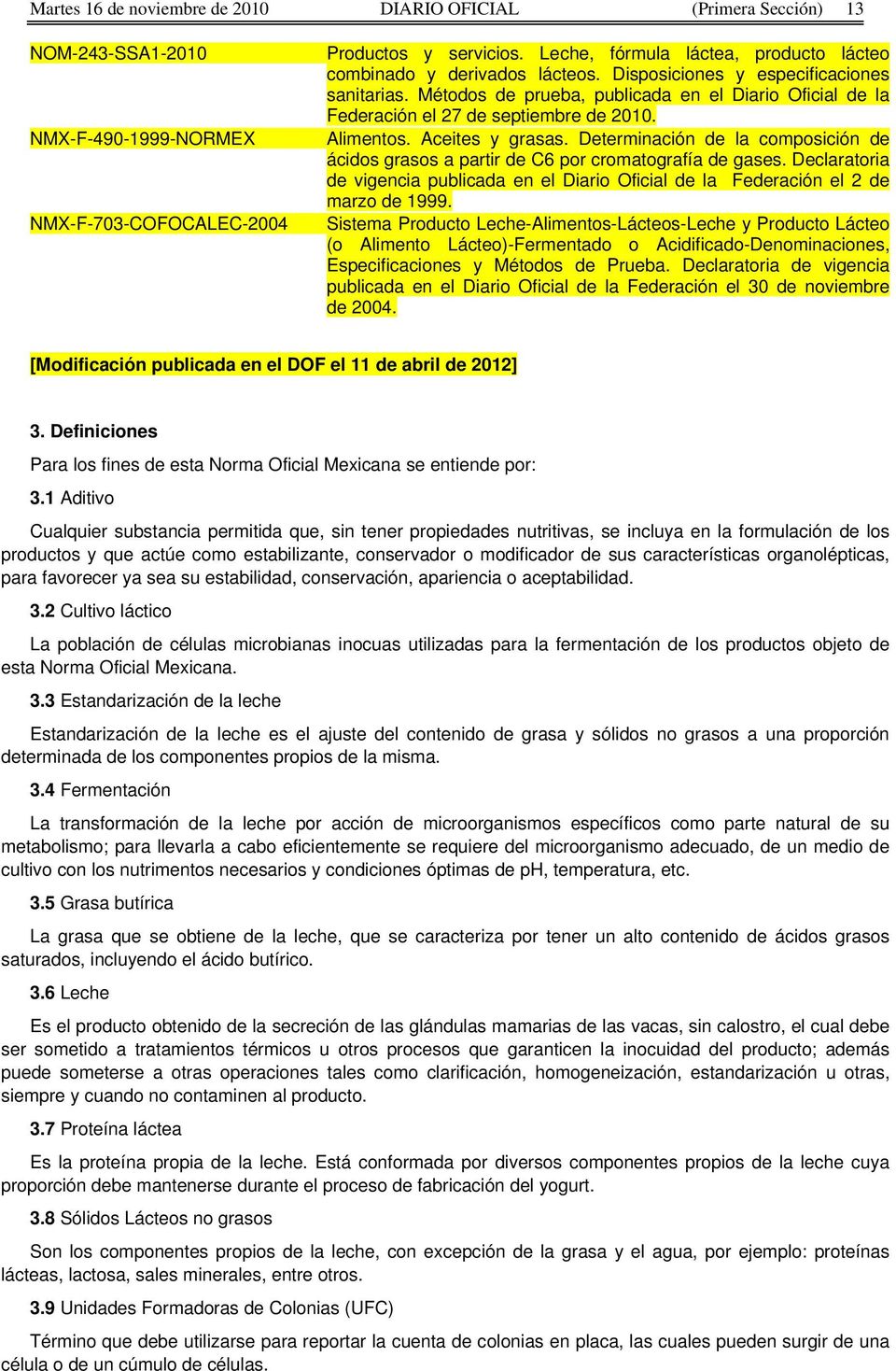 Métodos de prueba, publicada en el Diario Oficial de la Federación el 27 de septiembre de 2010. Alimentos. Aceites y grasas.