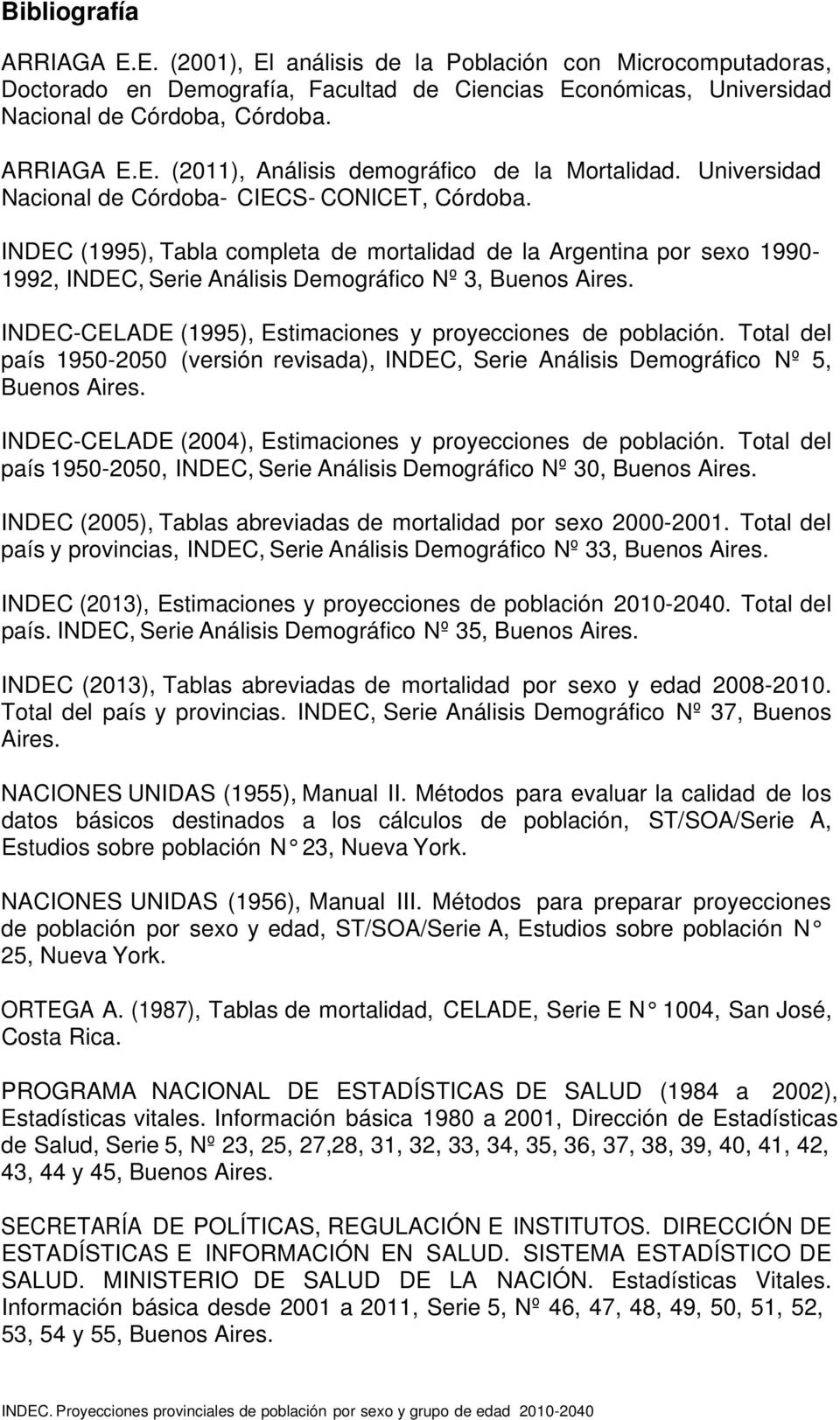 INDEC-CELADE (1995), Estimaciones y proyecciones de población. Total del país 1950-2050 (versión revisada), INDEC, Serie Análisis Demográfico Nº 5, Buenos Aires.