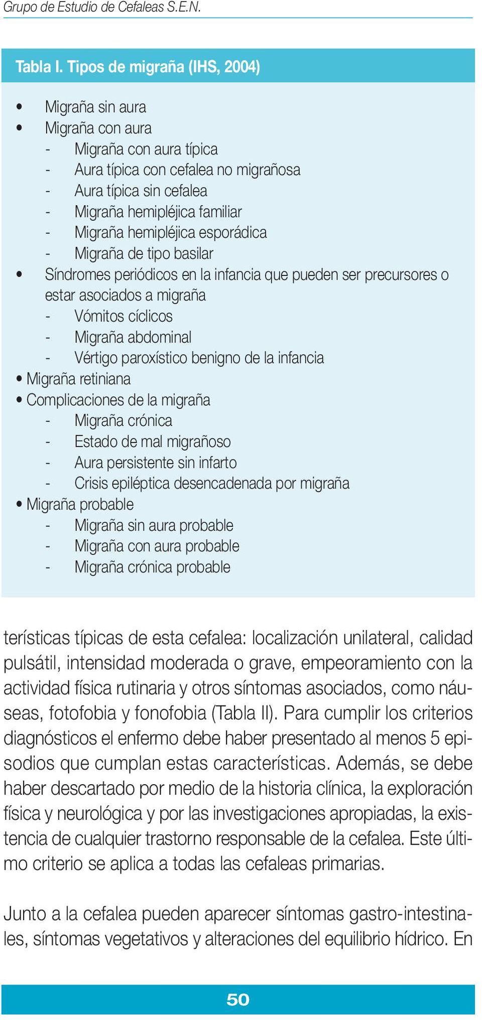 hemipléjica esporádica - Migraña de tipo basilar Síndromes periódicos en la infancia que pueden ser precursores o estar asociados a migraña - Vómitos cíclicos - Migraña abdominal - Vértigo