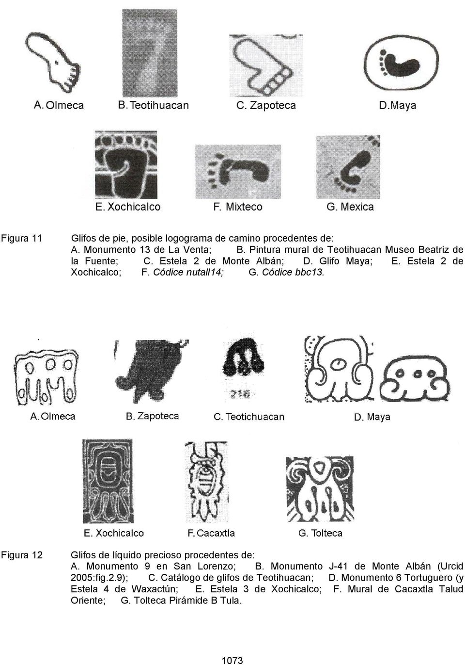 Códice nutall14; G. Códice bbc13. Figura 12 Glifos de líquido precioso procedentes de: A. Monumento 9 en San Lorenzo; B.