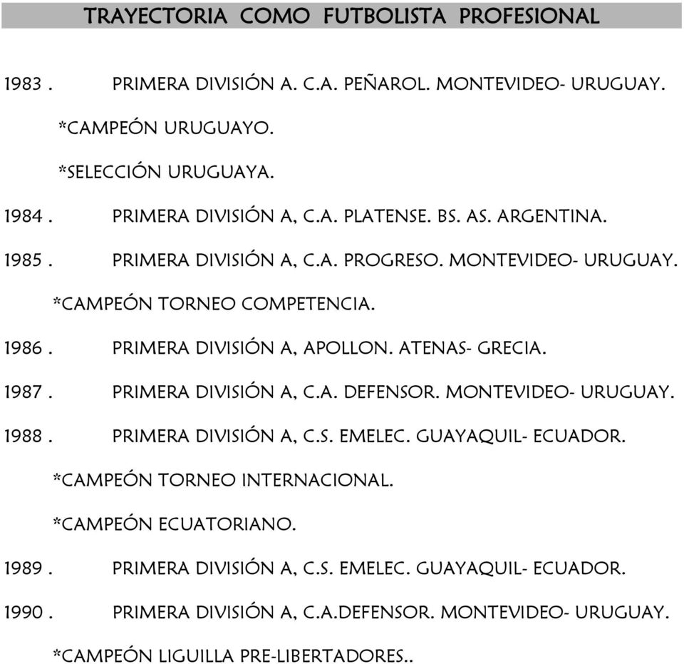 ATENAS- GRECIA. 1987. PRIMERA DIVISIÓN A, C.A. DEFENSOR. MONTEVIDEO- URUGUAY. 1988. PRIMERA DIVISIÓN A, C.S. EMELEC. GUAYAQUIL- ECUADOR. *CAMPEÓN TORNEO INTERNACIONAL.