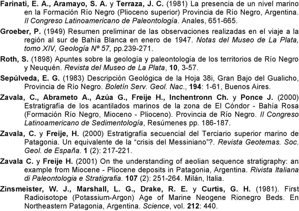 Notas del Museo de La Plata, tomo XIV, Geología Nº 57, pp.239-271. Roth, S. (1898) Apuntes sobre la geología y paleontología de los territorios de Río Negro y Neuquén.