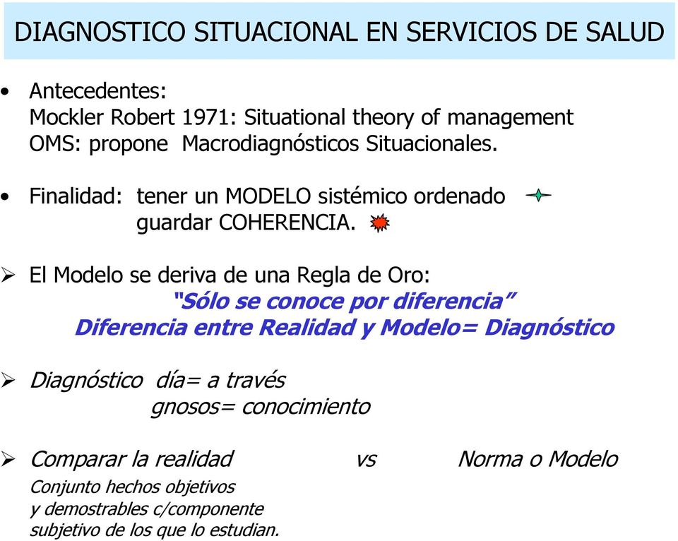 El Modelo se deriva de una Regla de Oro: Sólo se conoce por diferencia Diferencia entre Realidad y Modelo= Diagnóstico