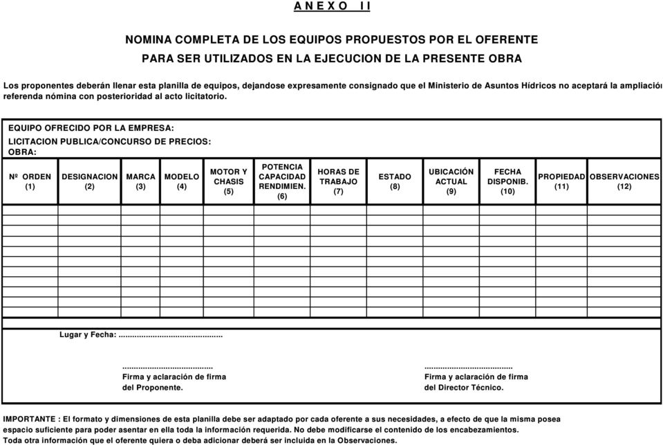 EQUIPO OFRECIDO POR LA EMPRESA: LICITACION PUBLICA/CONCURSO DE PRECIOS: OBRA: Nº ORDEN (1) DESIGNACION (2) MARCA (3) MODELO (4) MOTOR Y CHASIS (5) POTENCIA CAPACIDAD RENDIMIEN.