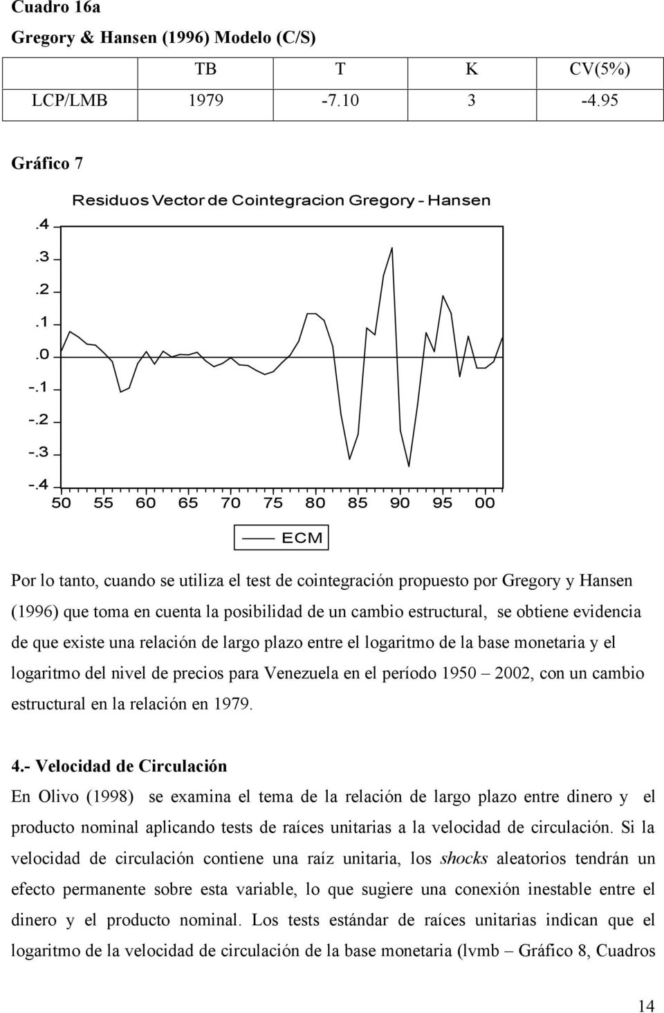 obtiene evidencia de que existe una relación de largo plazo entre el logaritmo de la base monetaria y el logaritmo del nivel de precios para Venezuela en el período 1950 2002, con un cambio