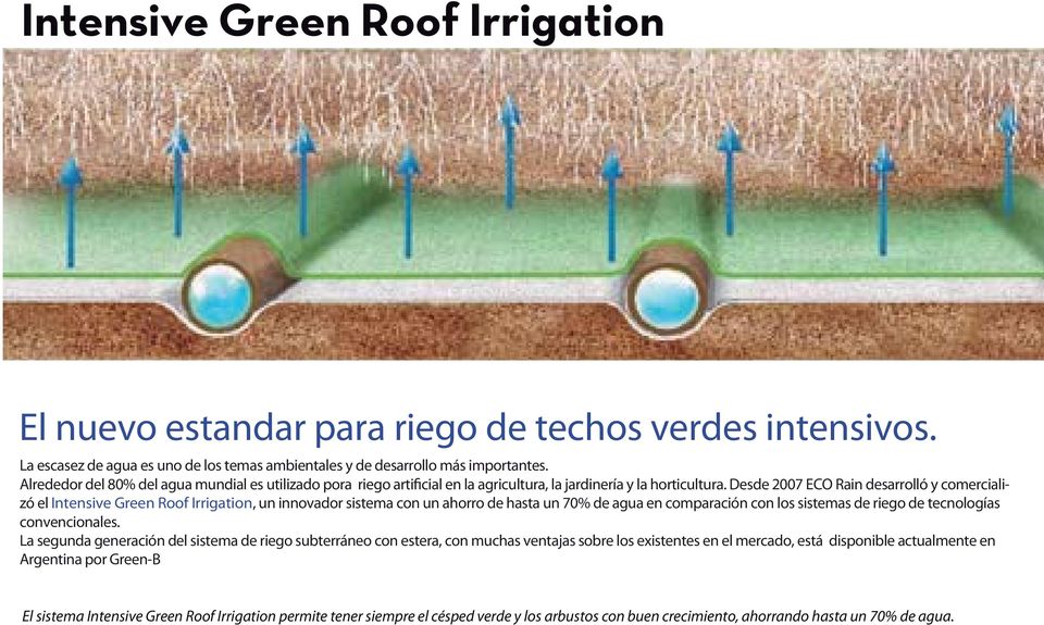 Desde 2007 ECO Rain desarrolló y comercializó el Intensive Green Roof Irrigation, un innovador sistema con un ahorro de hasta un 70% de agua en comparación con los sistemas de riego de tecnologías