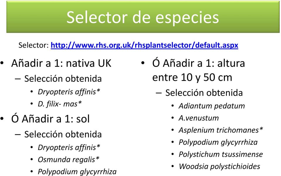 filix mas* Ó Añadir a 1: sol Selección obtenida Dryopteris affinis* Osmunda regalis* Polypodium glycyrrhiza