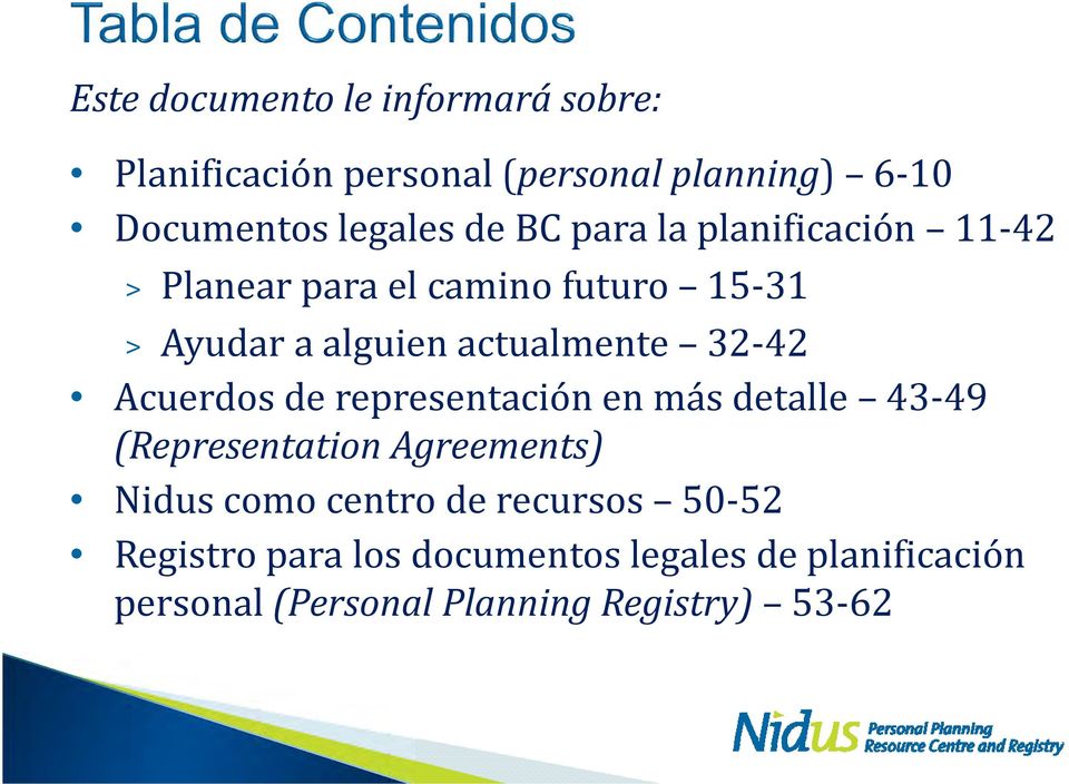 42 Acuerdos de representación en más detalle 43 49 (Representation Agreements) Nidus como centro de