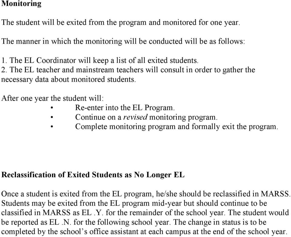 After one year the student will: Re-enter into the EL Program. Continue on a revised monitoring program. Complete monitoring program and formally exit the program.