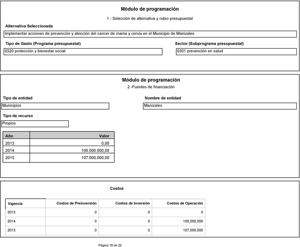 Módulo de programación 2 -Fuentes de financiación Tipo de entidad Municipios Nombre de entidad Manizales Tipo de recurso Propios Año Valor 2013 0,00 2014 100.000.