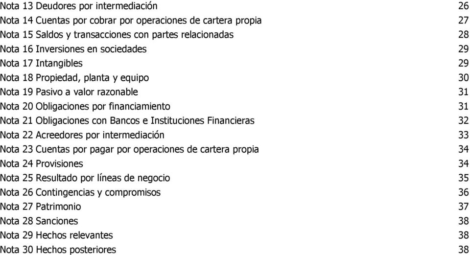 Obligaciones con Bancos e Instituciones Financieras 32 Nota 22 Acreedores por intermediación 33 Nota 23 Cuentas por pagar por operaciones de cartera propia 34 Nota 24