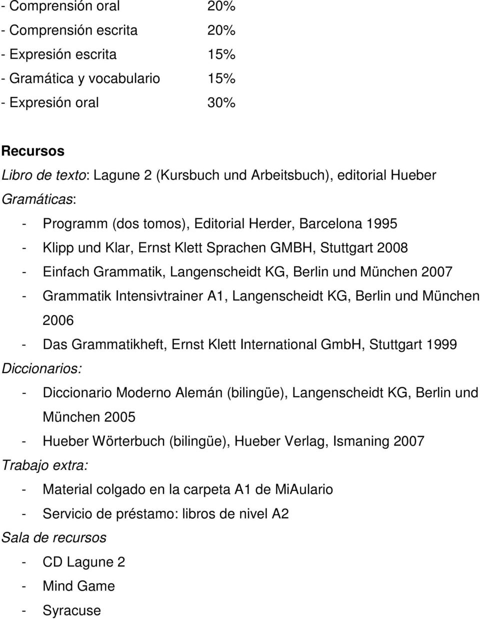 Grammatik Intensivtrainer A1, Langenscheidt KG, Berlin und München 2006 - Das Grammatikheft, Ernst Klett International GmbH, Stuttgart 1999 Diccionarios: - Diccionario Moderno Alemán (bilingüe),