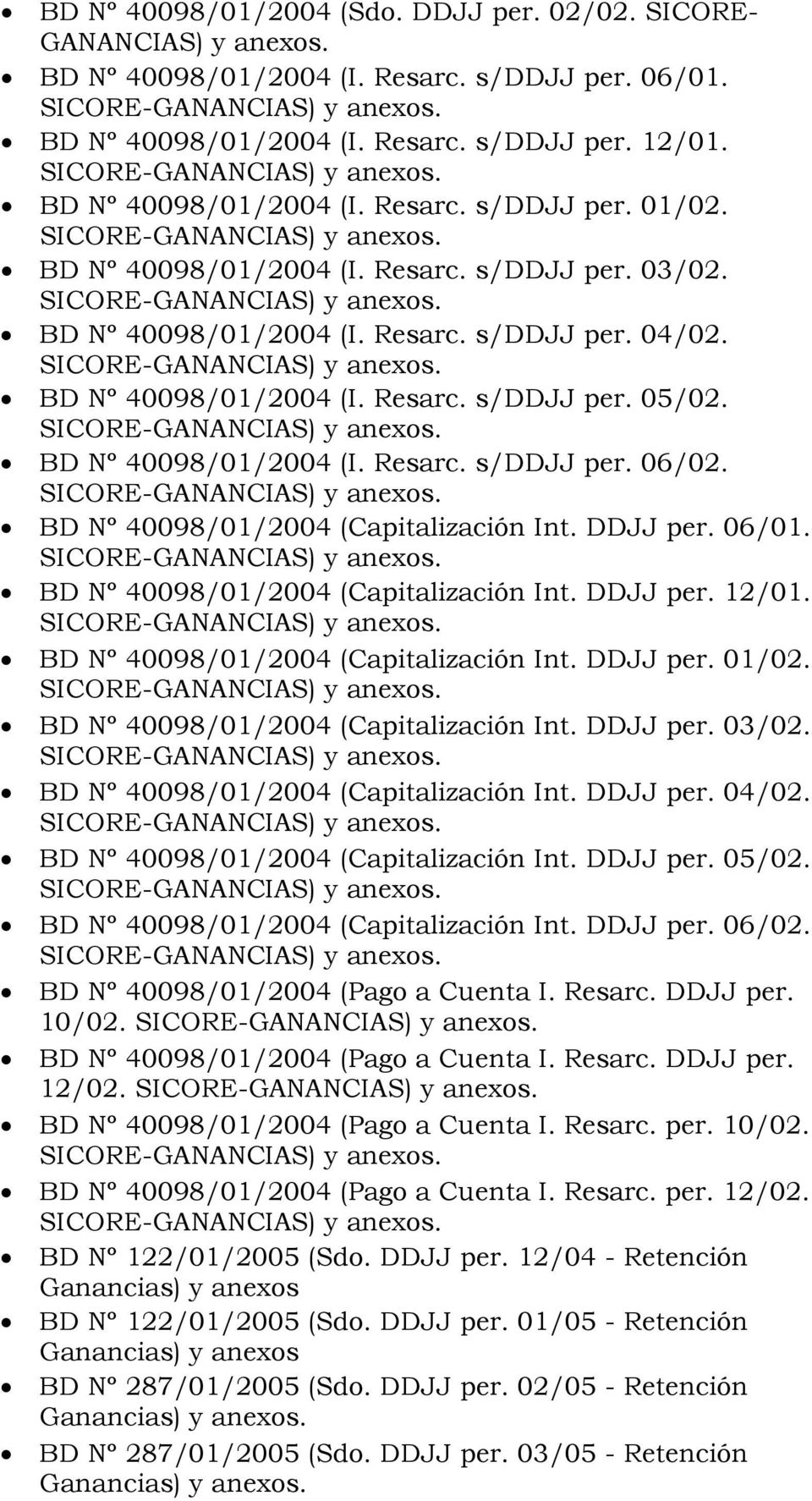 SICORE-GANANCIAS) y anexos. BD Nº 40098/01/2004 (I. Resarc. s/ddjj per. 05/02. SICORE-GANANCIAS) y anexos. BD Nº 40098/01/2004 (I. Resarc. s/ddjj per. 06/02. SICORE-GANANCIAS) y anexos. BD Nº 40098/01/2004 (Capitalización Int.
