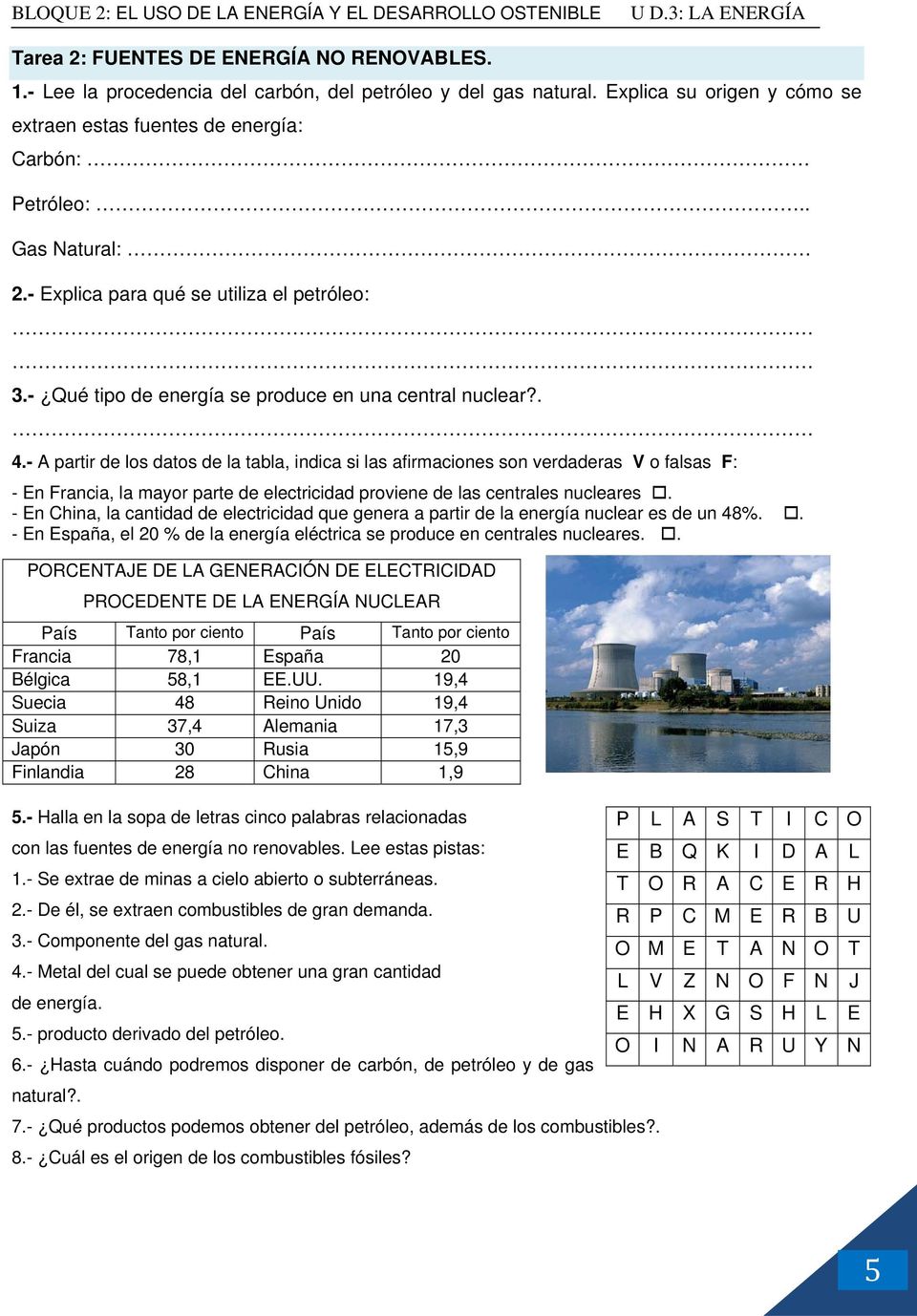- A partir de los datos de la tabla, indica si las afirmaciones son verdaderas V o falsas F: - En Francia, la mayor parte de electricidad proviene de las centrales nucleares.