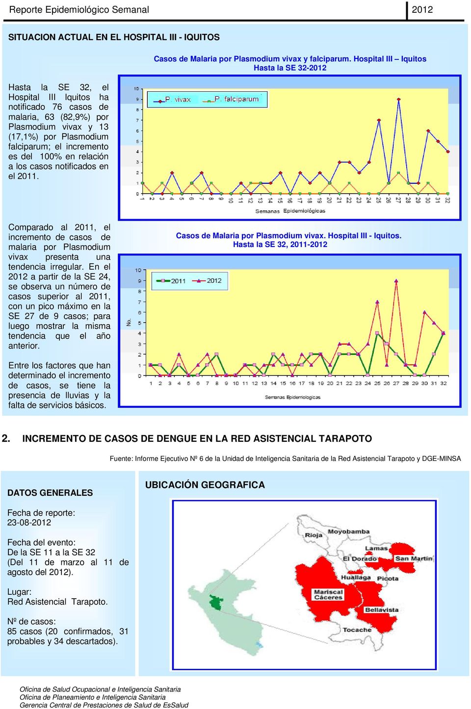 Hospital III Iquitos Hasta la SE 32-2012 Comparado al 2011, el incremento de casos de malaria por Plasmodium vivax presenta una tendencia irregular.