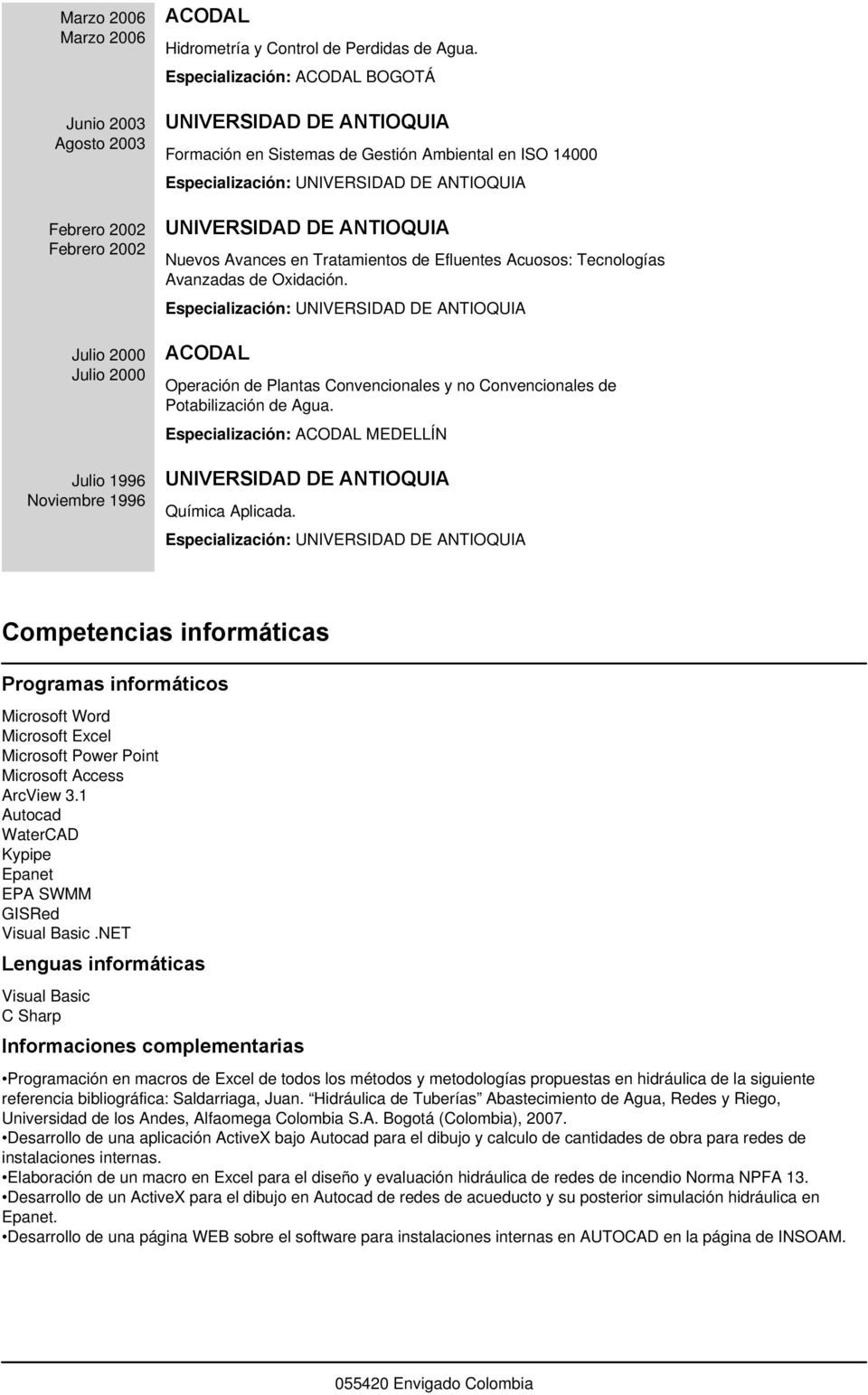 Especialización: ACODAL Operación de Plantas Convencionales y no Convencionales de Potabilización de Agua. Especialización: ACODAL MEDELLÍN Química Aplicada.