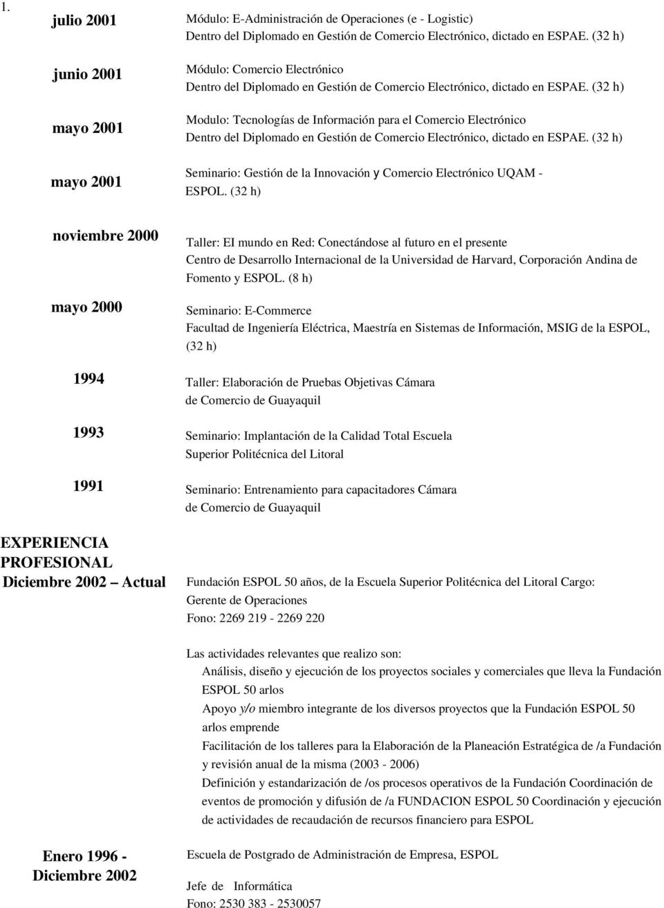 (32 h) noviembre 2000 mayo 2000 1994 1993 1991 Taller: EI mundo en Red: Conectándose al futuro en el presente Centro de Desarrollo Internacional de la Universidad de Harvard, Corporación Andina de