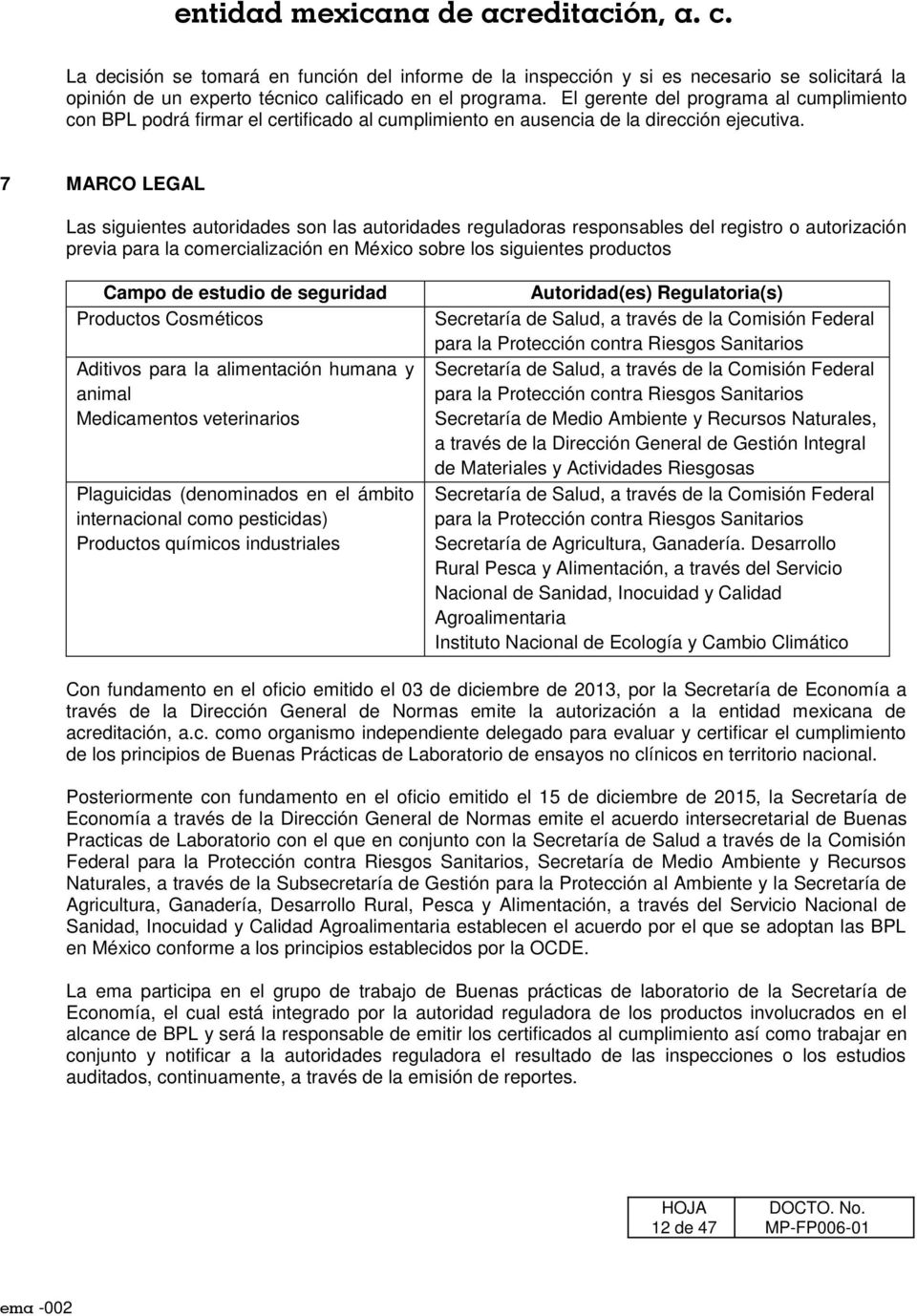 7 MARCO LEGAL Las siguientes autoridades son las autoridades reguladoras responsables del registro o autorización previa para la comercialización en México sobre los siguientes productos Campo de